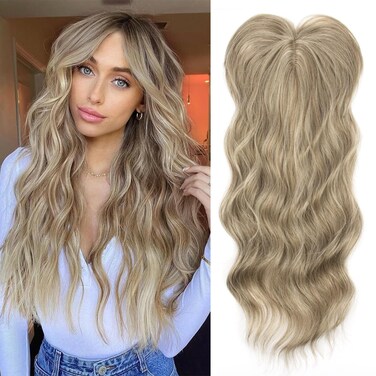 Hair Toppers for Women 18 inch Wavy Curl Hair Topper for Women Synthetic Hair Pieces for Women with Thinning Hair Clip In Hair Topper Wiglets with Fringe (Ash Blonde)