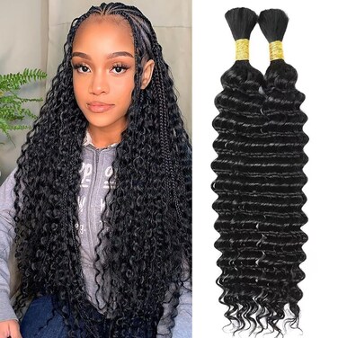 FDX Human Braiding Hair for Boho Braids 18 Inch Deep Wave Bulk Human Hair for Braiding 2 Bundles Bohemian Boho Hair for Braiding 100% Brazilian Curly Wet and Wavy Human Braiding Hair 1B Black