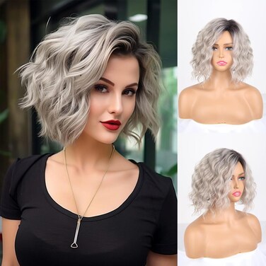 Short Curly Wavy Bob Wigs for White Women Ombre Grey Ash Blonde Bob Synthetic Wavy Wig with Dark Roots Short Hair Realistic Wigs for Women (Ombre Grey Mixed Brown)