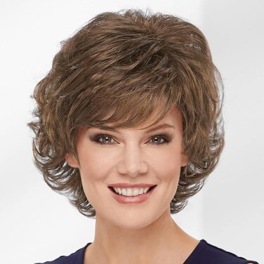 Light Golden Brown Short Wigs for White Women, Brown Wig with Bangs Short Curly Pixie Cut Wigs Charming Synthetic Glueless Layered Wavy Wigs For Old Lady (Light Golden Brown)