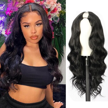 V Part Wig Body Wave Wigs Upgrade U Part Half Wigs for Black Women, 24inch Black Synthetic Glueless V Part Wig No Leave Out Clip in Extensions Thin Part Wig V Shape Wig Beginner Friendly(1B#)