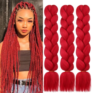 HAIRCUBE Red Braiding Hair 24 Inch 3 Packs Pre Stretched Box Braids Colorful Twist Braiding Hair Extensions Synthetic Crochet Braiding (Red)