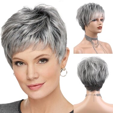 HAIRCUBE Easy Care Wigs Pixie Cut Human Hair Wigs for Women Pretty Short Gray Wigs for Women Natural Realistic