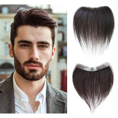 men's toupee hairline straight tape in human hair v-shape natural black hair extension hairline pu thin skin base mens hair toppers replacement toupee (0.78 * 6.3 inch,6 inch, Dark Brown)