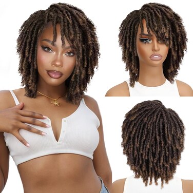 HANNE Dreadlock Wig Short Twist Wigs for Black Women and Men Afro Curly Synthetic Wig Faux Locs Braided Crochet Hair Wig (1B/30#)