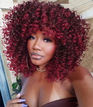 Afro Curly Wig with Bangs Short Kinky Curly Wig for Women Ombre Burgundy Synthetic Curly Wigs Shoulder Length Glueless Afro Wig (1B/BUG#)