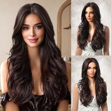 Brown Highlight Wig 26 Inch Long Wavy Wigs for Women Middle Part Synthetic Hair Wavy Wig with Upgraded Strands,Natural Hair Wig for Daily Party Date Use
