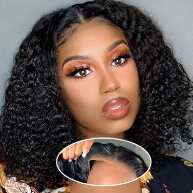 HD Glueless Wigs Human Hair Pre Plucked Pre Cut Bob 4x4, 10 Inch #1B Natural Black 210% Density Hairline Curly Bob Wig Human Hair, Wear and Go Deep Wave Lace Front Wigs Human Hair for Black Women