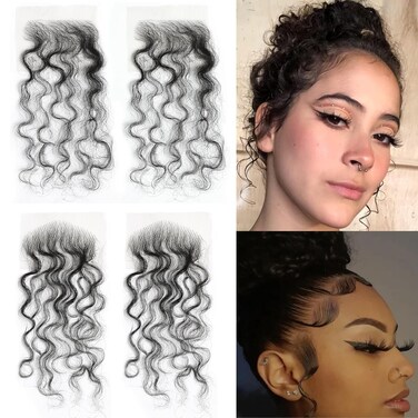 EMMOR HD Lace Edges Stripes Baby Hair for Women Invisible Virgin Human Hair Reusable Natural Black Curly 4pcs