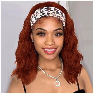 nicene Auburn Headband Wigs for Black Women Short Auburn Wavy Natural Hairline Bob Shoulder Length Synthetic Curly Daily Glueness Wigs（14inch 350#）