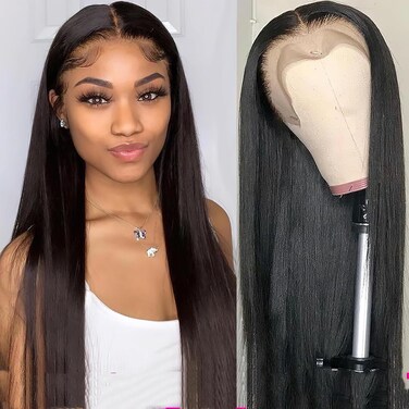 Long Straight Lace Front Wigs 180% Density Black Straight Wig 13x4 HD Lace Glueless Synthetic Long Silk Natural Wigs for Black Women 26 Inch Pre Plucked Transparent Glueless Brazilian Natural HairLine
