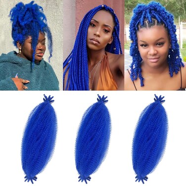 Marley Twist Braiding Hair 16 Inch Springy Twist Hair Blue 3 Packs Pre-Fluffed Spring Twist Hair Cuban Twist Hair Soft Spring Afro Kinky Twist Braiding Hair Extension Wrapping Hair for Soft Locs