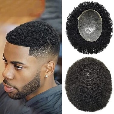 Hair Units For Black Men Brazilian Kinky Curly Human Hair System For Black Men Hair Pieces Afro Toupee PU Injection Man Weave Toupee For Black Men Hair Units 8X10 6MM Afro Wave#1B Off Black