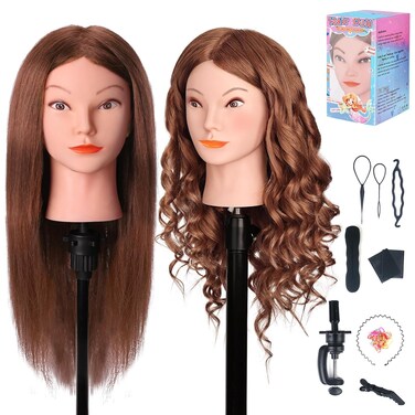 MYSWEETY Mannequin Head with Hair, Doll Head for Hair Styling, Manikin Head with 100% Human Hair Cosmetology Makeup Hairdressing Training Head with Clamp Holder and Tools(18" Auburn, Makeup)