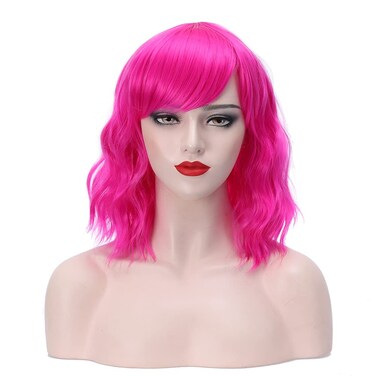 Hot Pink Wig for Women Short Wavy Hot Pink Wig with Bangs Bob Synthetic Cosplay Costume Daily Wear Wigs