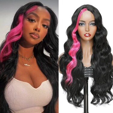 Highlight Pink Skunk Strip wig Long Wavy Synthetic wig for Women Middle Part Body Wave Wigs Natural Looking Synthetic Heat Resistant Wig for Daily Party Use 32