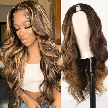 Aisaide Highlighted V Part Wig Body Wave For Black Women Glueless Full Head Clip In Half Wig 24 Inch Brown Wig V Shape Wigs No Leave Out Upgrade U Part Wig Ombre Highlight Wig Body Parts for Women