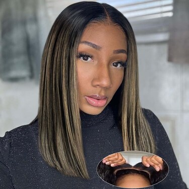 Glueless Wigs Human Hair Pre Plucked Pre Cut Ready to Wear Glueless Bob Wigs for Black Women 5x5 HD Lace Closure Wigs P1b/27 Blonde Highlight Wig Human Hair 200% Density 14 IN