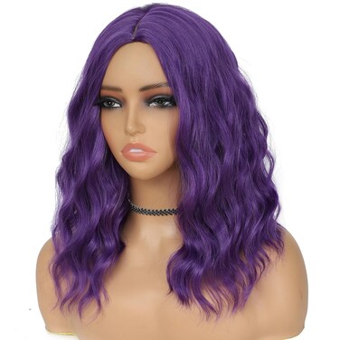 Dark Purple Wig for Women, Wavy Curly Purple Bob Wigs Middle Part 14 Inch Shoulder Length Heat Resistant Synthetic Colorful Wig