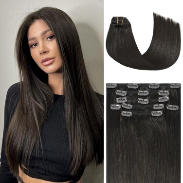Honsoo Brown Hair Extensions Clip Ins Dark Brown 70g 7pcs 18Inch Clip in Natural Soft Silky Straight Real Human Hair Extensions For Women