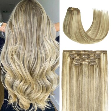 Honsoo Clip In Virgin Hair Extensions 18inch 70g Real Human Hair Extensions Balayage Straight Silky Mixed Bleach Blonde Real Human Hair For Women Natural Hair Clip in Hair Extensions