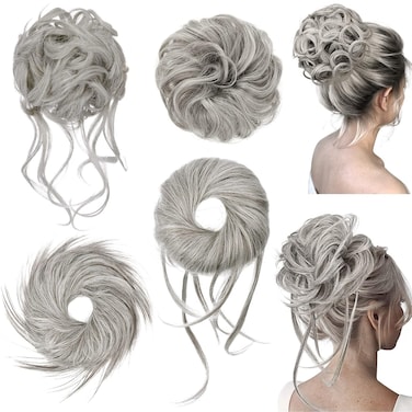 HOOJIH Messy Bun Hair Pieces, 4 Pieces Messy Bun Straight Bun Hair Pieces for Women Wavy Tousled Updo Short Ponytail Hair Extensions Large Bun with Elastic Band - Smoke Gray