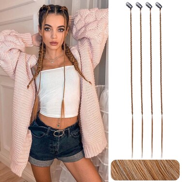 HOOJIH Braid Hair Extensions, 4 PCS Baby Braids Front Side Bang Curtain Bang Clip in Hair Extensions Long Braided Hair Piece Natural Soft Synthetic Hair for Women Daily Wear 20 Inch Ginger