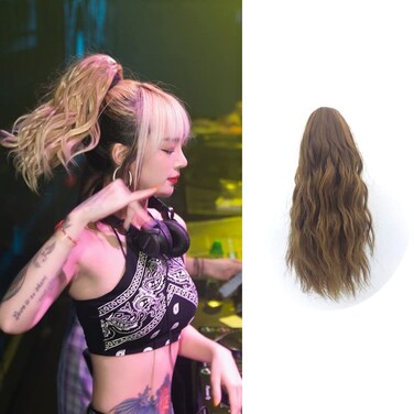 12 inch Short Body Wave like Wool Ponytail Hair Extension Synthetic Heat Resistant Curly Wavy Claw Ponytail Clip in Hairpieces for Women (Dark Blonde)