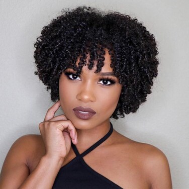 Pixie Cut Wigs For Black Women Short Human Hair Wig Glueless Wig Afro Rose Curly Funmi Wigs with Bangs Natural Black Color Full Machine Made (Pixie cut wigs 294# 6 Inch)