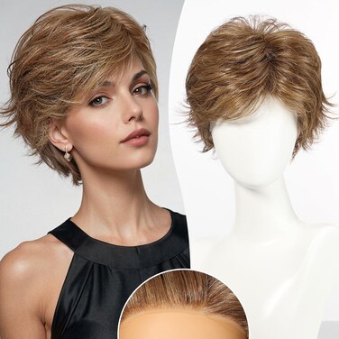 BLONDE UNICORN Brown Mono Top Synthetic Lace Front Wig for White Women,Pixie Cut Honey Brown Short Wig for Daily Use 8IN