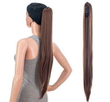 SWACC 28-Inch Long Straight Claw Clip Ponytail Extensions Synthetic Hair Extensions Ponytail Jaw Clip Hair Pieces for Women (Dirty Brown-12#)