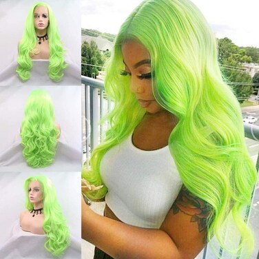 xiweiya Neon Green Wave Real Hair Wig Fluorescent Green Handmade Synthetic Lace Front Wigs for Women Long Body Wave Pastel Green Wig Preplucked Hairline Replacement for Cosplay Party 24inch