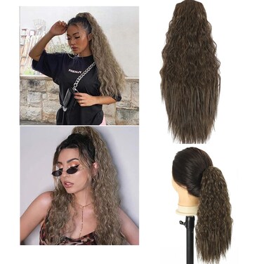 Short Drawstring Curly Ponytail 14 Inch Corn Wave Ponytails Clip in Synthetic Pony Tails Hairpieces for Black Women and Kids (Black brown/Strawberry blonde)