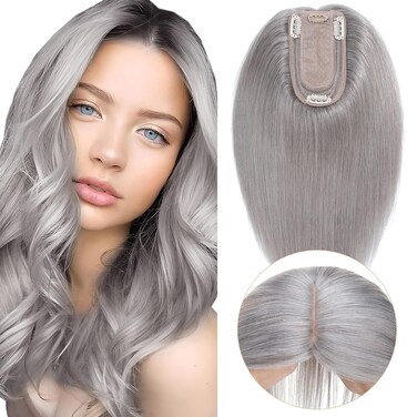 MY-LADY Human Hair Toppers Without Bangs For Women 10 Inch GREY Silk Base 150% Density Clip in Toppers Top Hair Pieces for Thinning Hair Hair Loss