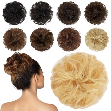 FESHFEN Human Messy Buns - 100% Human Hair Bun Real Scrunchies Hair Pieces Ponytail Extensions Wavy Tousled Updo Chignon Hairpieces for Women，Mixed Blonde