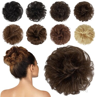 FESHFEN Human Messy Buns - 100% Human Hair Bun Real Scrunchies Hair Pieces Ponytail Extensions Wavy Tousled Updo Chignon Hairpieces for Women, Medium Chestnut Brown