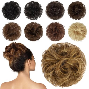 FESHFEN Human Messy Buns - 100% Human Hair Bun Real Scrunchies Hair Pieces Ponytail Extensions Wavy Tousled Updo Chignon Hairpieces for Women，Light Brown Mixed Blonde