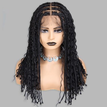 13x8 HD Lace Boho Braided Wigs for Black Women, 18 inch Knotless Box Braid Wig with Curly Hair, Medium Boho Box Braid Wig