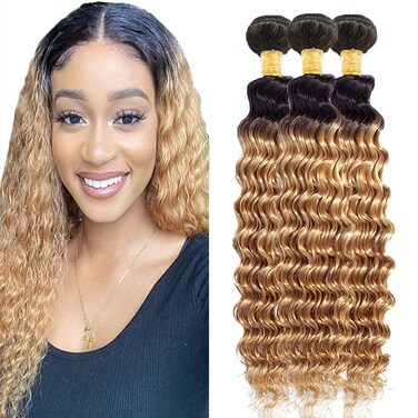 1B27 Honey Blonde Bundles Deep Wave Human Hair Bundles Ombre Bundles 24 26 28 inch Soft Virgin Wet And Wavy Bundles 100g/Pcs 8A Grade Brazilian Honey Blonde Bundles