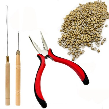 Hair Extensions Tools Kit Professional Hair Styling Tools Accessory 500 Pcs Micro Ring Beads 1 Plier 2 Hook Needle Pulling Loop, for Fairy Hair Tinsel I tip hair extensions.