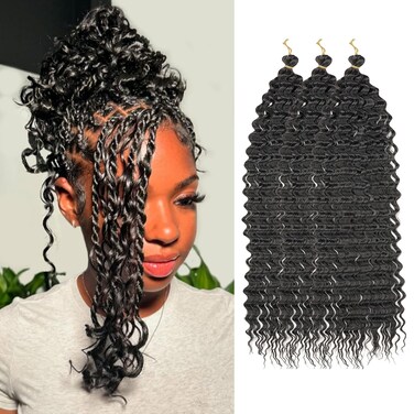 ZRQ Ocean Wave Crochet Hair 14 Inch 3 Packs Deep Wave Curly Braiding Hair Extensions Synthetic Curly Crochet Hair For Women #1B
