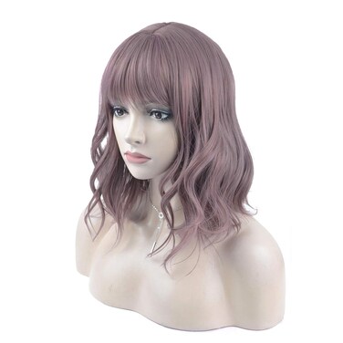 14 Inches Curly Wigs with Bangs for Women Girls Heat Resistant Synthetic Hair Wig (Grayish Purple)