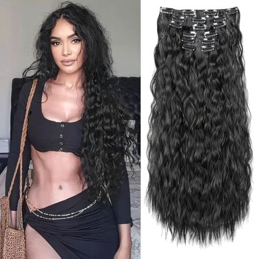 Flufymooz Clip In Hair Extensions,6PCS Hair Extensions Long Mermaid Waves Wavy Synthetic Clip On Hairpiece For Women 24 Inch (Natural Black)