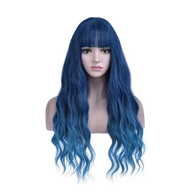 incohair 28 Inches Mixed Blue Wigs Long Curly Wavy Fluffy Wig with Bangs Women Girls Synthetic Party Cosplay Cosutme Hair Wigs (Mixed Blue)