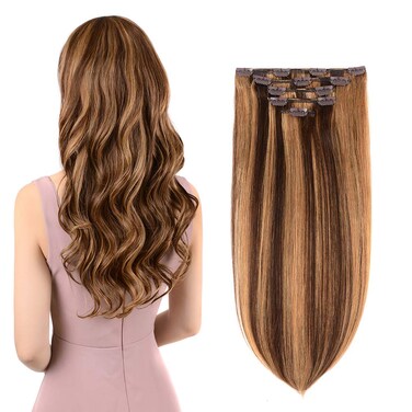5 Pieces 12" Remy Clip in Hair Extensions Human Hair Ombre Chocolate Brown to Honey Blonde - Silky Straight Short Thick Real Hair Extensions for Women (12 inches, 4/27, 60grams)