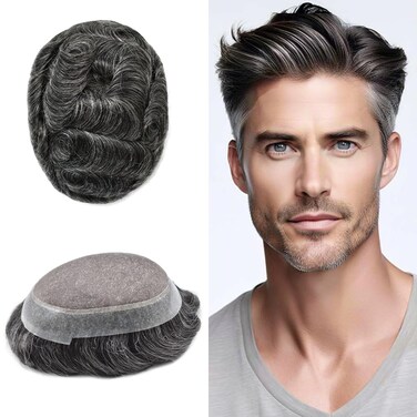 Men Toupee Human Hair Durable Fine Mono Hair Toupee for Men Hair Units Clear Poly Mens Toupee Human Hair Systems Protesis Capilar Para Hombre6x9''-120% Medium light density#1B40 OFF BLACK+40% GREY