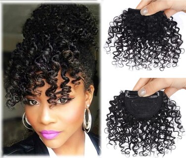 Afro Kinly Curly Bangs Clip in Hair Extensions Natural Fake Fringe Bangs Short Curly Human Hair Bangs Clip on Hair Piece Jerry Curly Fringe Hair Black Color
