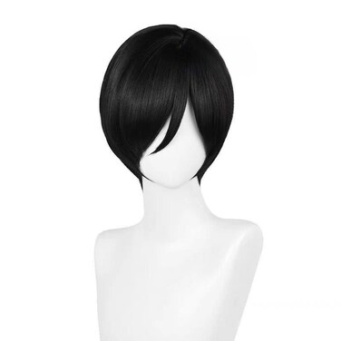 Women Men Hair for Mikasa Ada Cosplay Wig Short Straight Black Anime Party Halloween Costume Wigs (Side-parted Scalp)