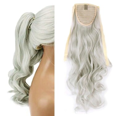 iLUU Silver Color Ponytail 20" Curly Wavy Hair Extensions Heat-resisting Synthetic Fiber Hair Ponytail Extension Ribbon Binding Tie up Clip in Ponytails Hairpiece Wig 90g for Women Girl