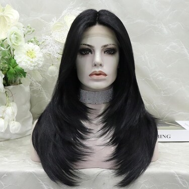 Jet Black Lace Front Wig: T Part Synthetic Wig, Wolf Cut/Layer Cut Straight Hair Wig 24 Inches, Heat Resistant Synthetic Glueless Wig Soft and Natural Looking Hair Daily Wig